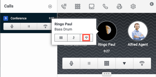 The Genesys Cloud conference call window with an orange box around the Remove Participant icon