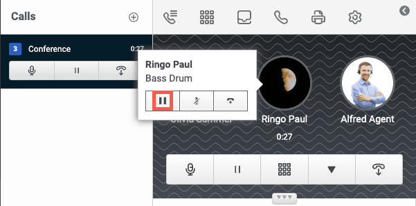 The Genesys Cloud conference call window with an orange box around the Hold icon