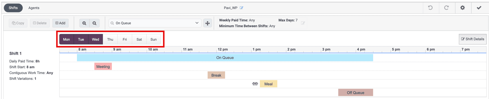 Indicates the shift days in the week