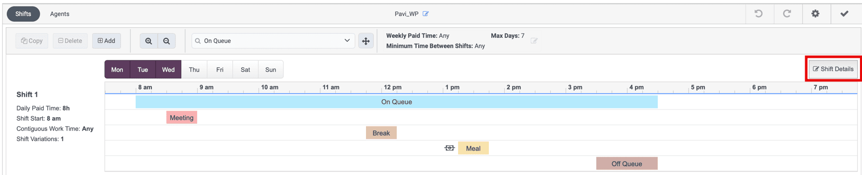 Displays the Edit Shift dialog box.