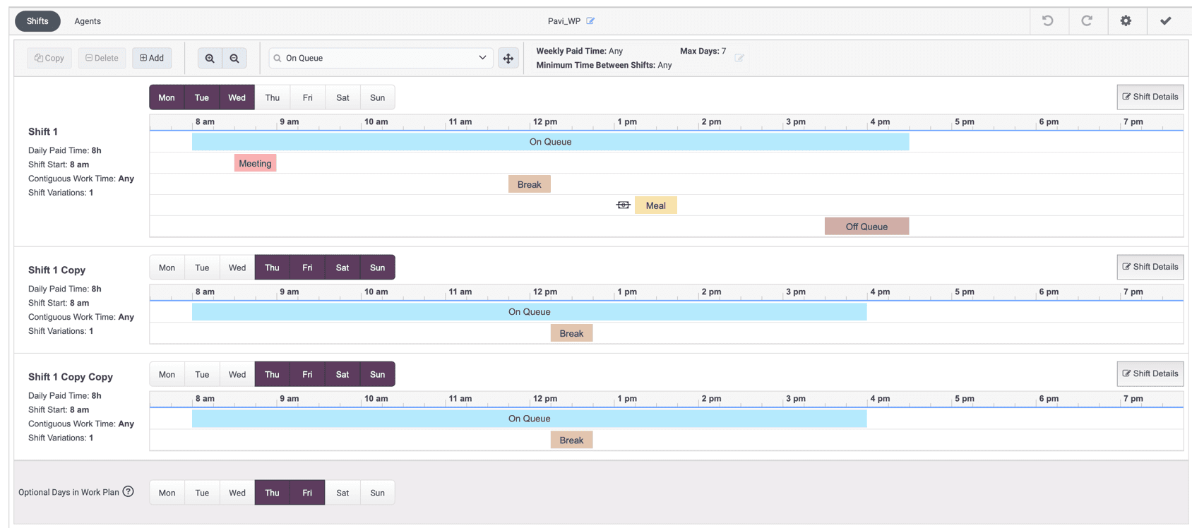 Displays the work plan configurations page