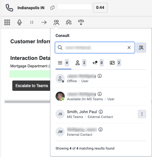 Transfer window for Microsoft Teams integration.