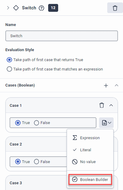 Access the Boolean Builder in a Switch Architect action