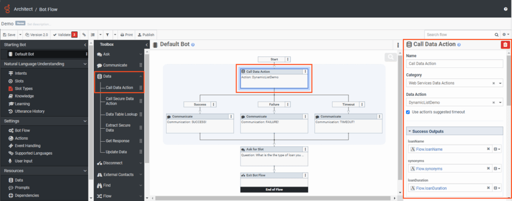 Call Data Action in the bot flow