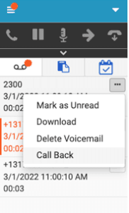 The image shows the options available for a selected voicemail. The available options are Mark as Unread, Download, Delete Voicemail and Call Back.