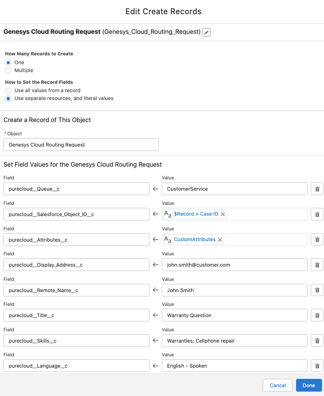 This image shows the field values of Genesys Cloud routing request.