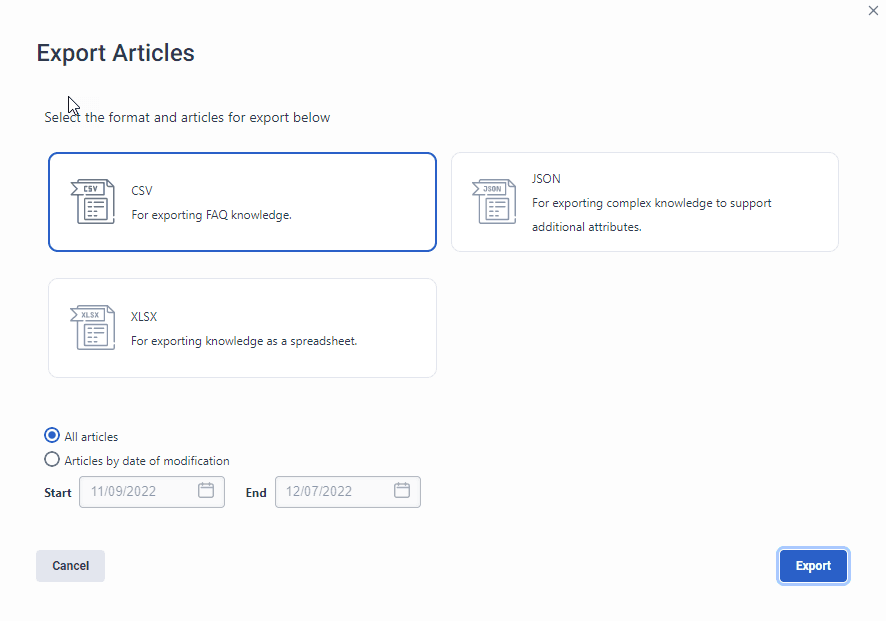Export knowledge base articles