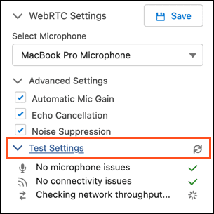 The image shows the test settings in Genesys Cloud CX Utility window.