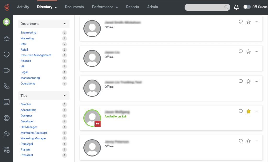 This image is a screenshot of the contact list in Genesys Cloud that shows the 8x8 presence.