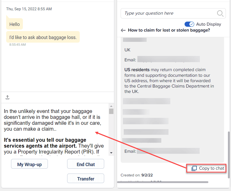 Copy a knowledge base article to a chat