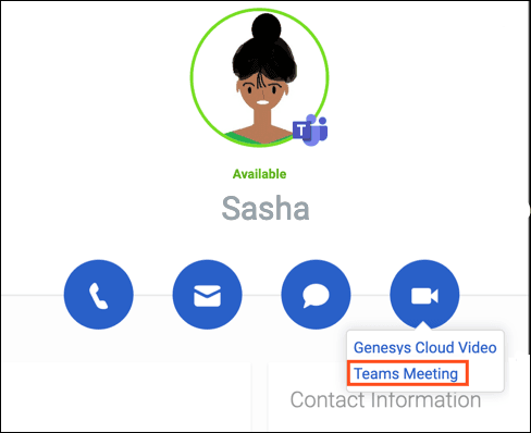This image is a screenshot of the profile which shows the Teams meeting available.