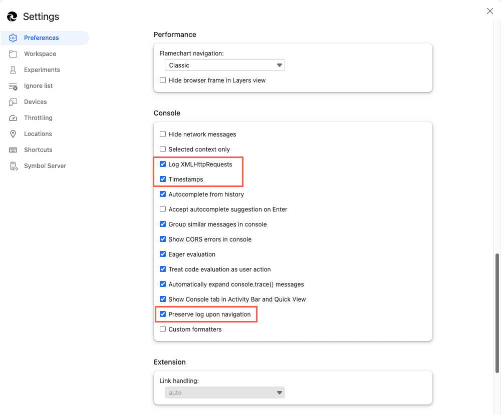 Microsoft Edge Settings window, Preferences tab, and Console section