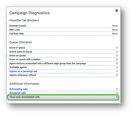 Time zone rescheduled calls in Campaign Diagnostics window