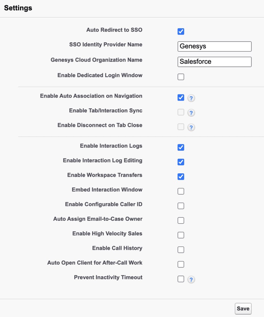 This image is a screenshot of the call center settings in Salesforce.