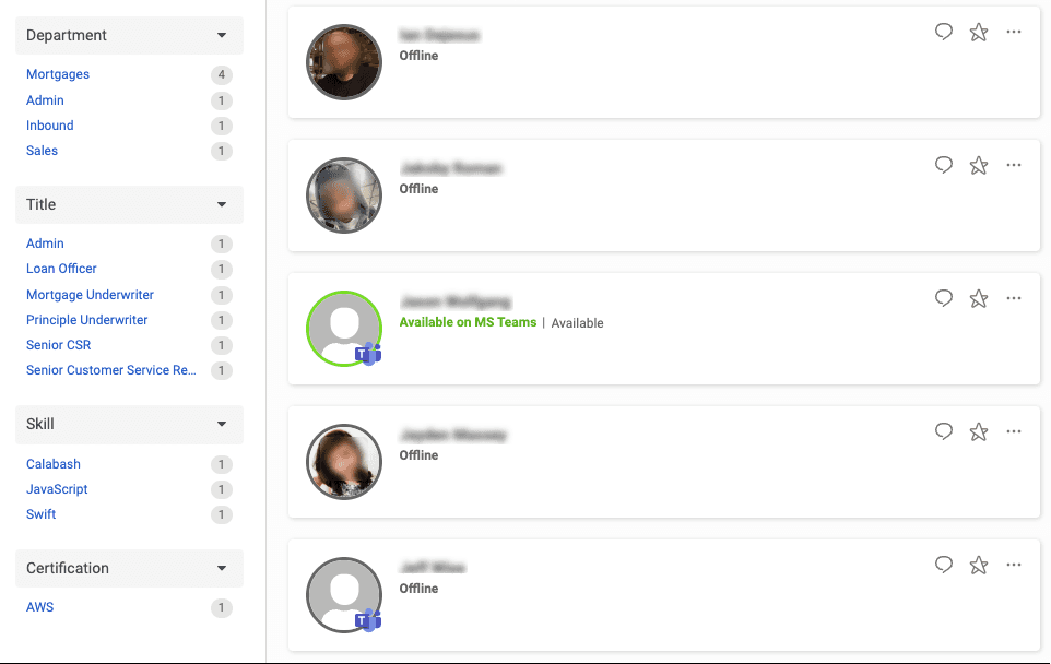 This image is a screenshot of the users available from the directory in Genesys Cloud. The image shows the user from Microsoft Teams available status.