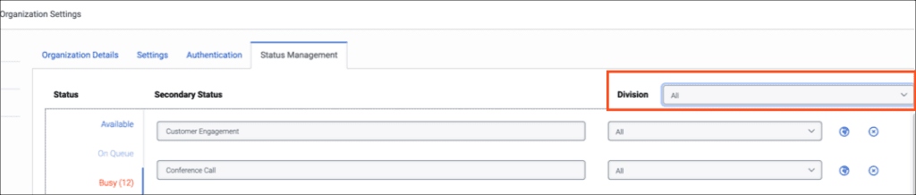 Screenshot of division selection for secondary statuses