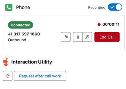This image is a screenshot of the interaction utility that displays the Request after call work option.