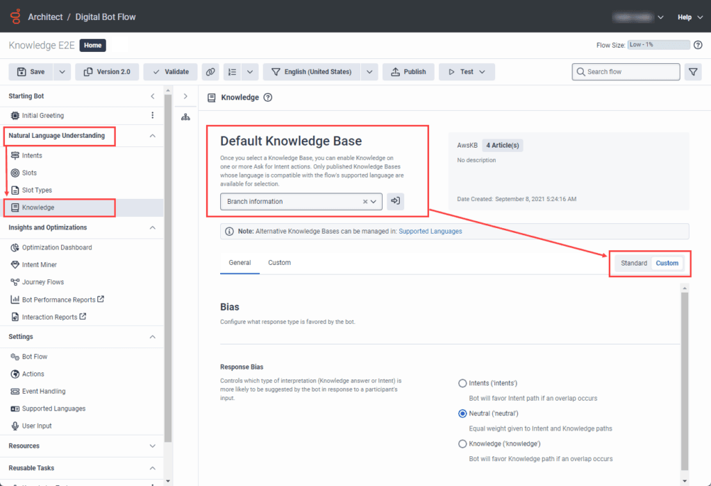 End to end knowledge: Switch to Custom