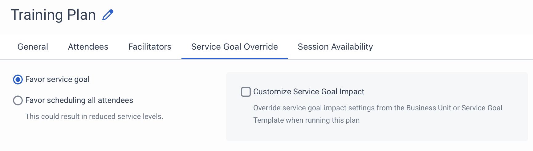 The Service Goal Override tab that displays the service goal override conditions that can be set for the activity plan