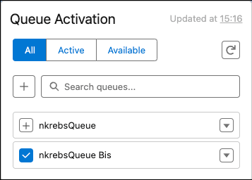 This image is a screenshot of the queue activation and stats component that shows a selected queue.