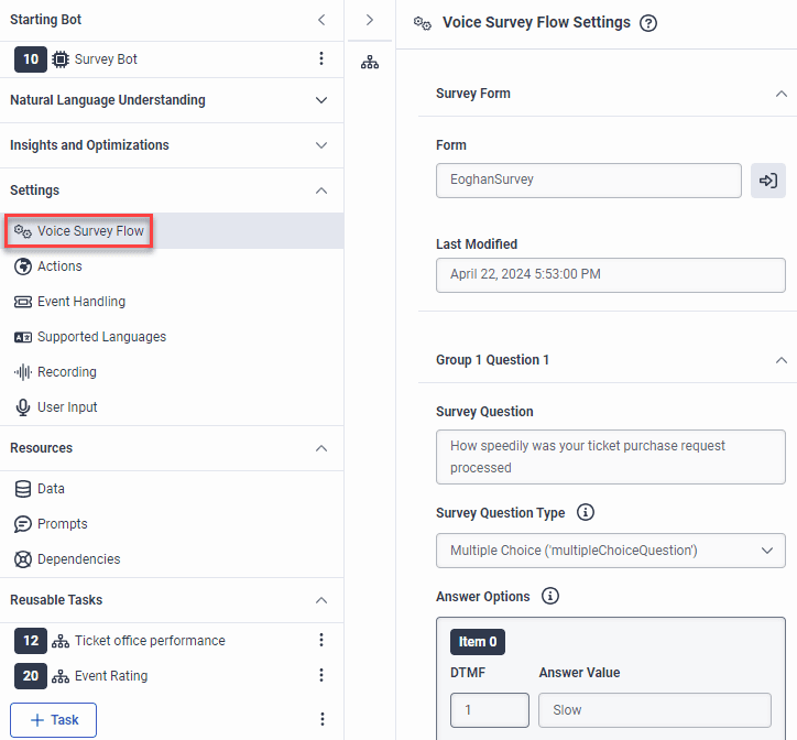 Voice survey flow settings