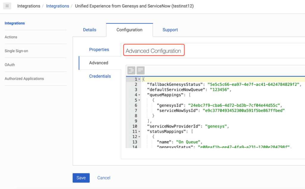 This image is a screenshot of the Advanced Configuration tab while creating an integration in Genesys Cloud for ServiceNow.