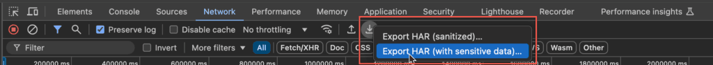 Export HAR with sensitive data option in Chrome
