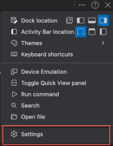 Settings option on the customize and control DevTools menu in Microsoft Edge