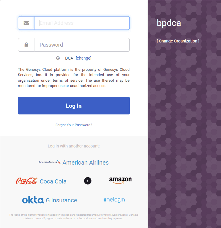 Genesys Cloud login screen with six SSO integrations.
