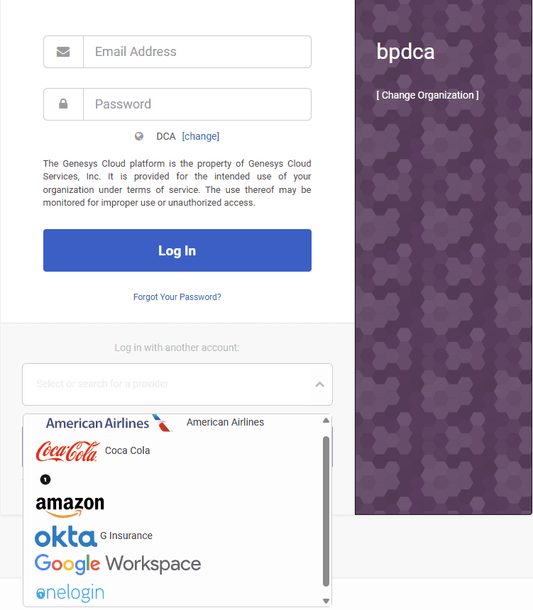 Genesys Cloud login screen with more than six SSO integrations.