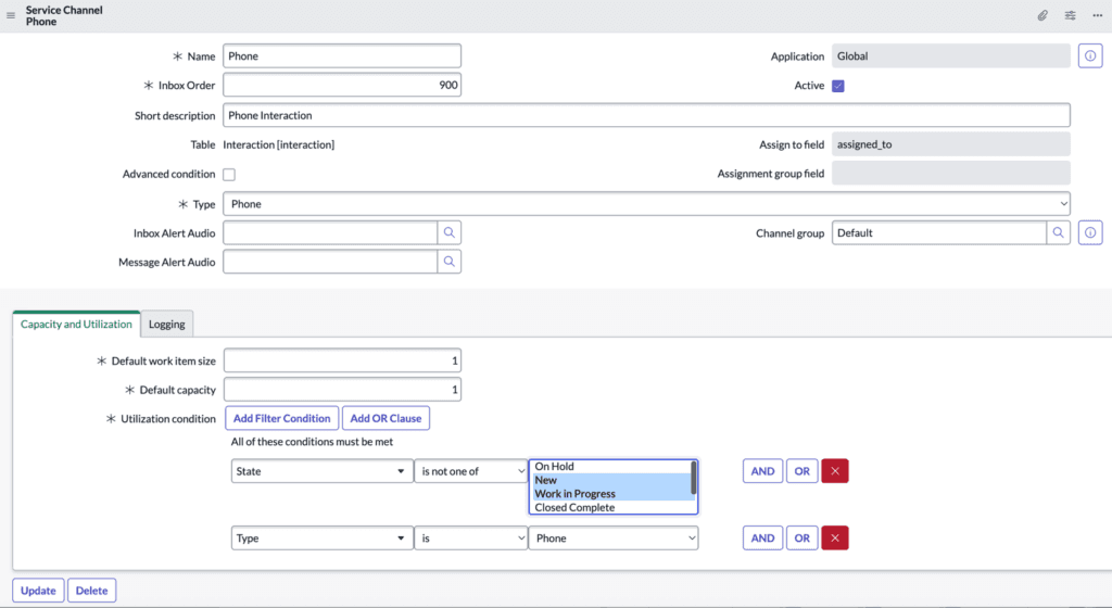 This image is a screenshot of the service channel creation in the ServiceNow UI.