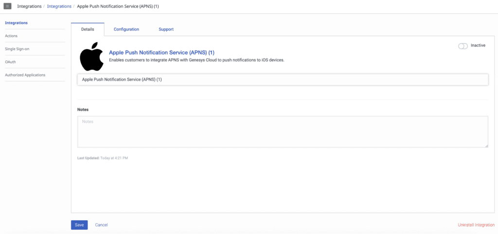 Displays the iOS configuration for the integration