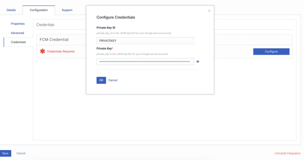 Displays the android configuration for the integration