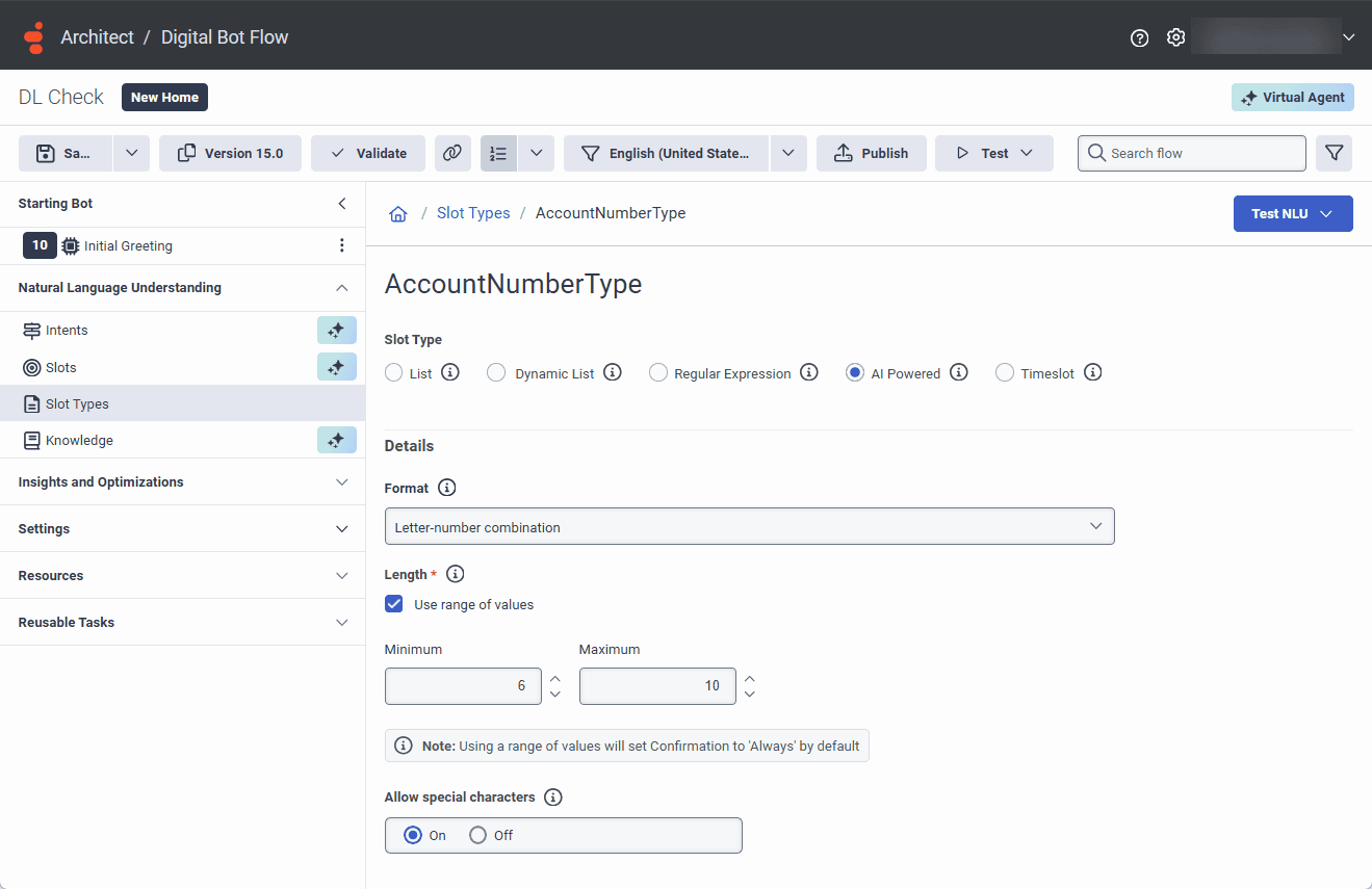 Virtual letter number form slot type