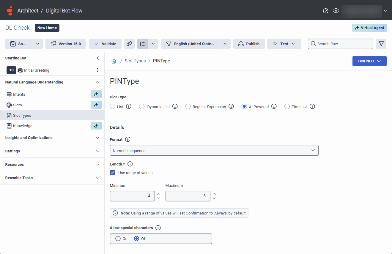 Virtual Agent numeric slot type