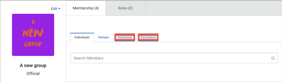 Click to enlarge. The static group membership tab with the Inclusions and Exclusions tabs in boxes