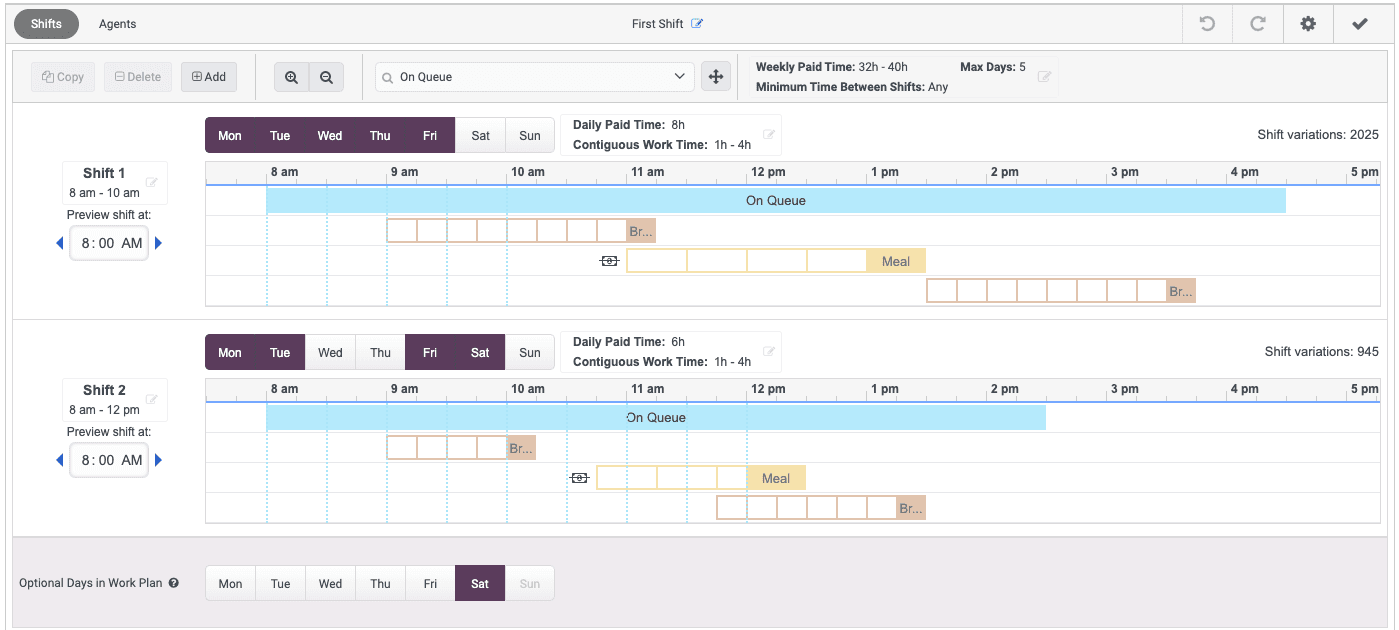 Click to enlarge. Displays the agent's shift selection