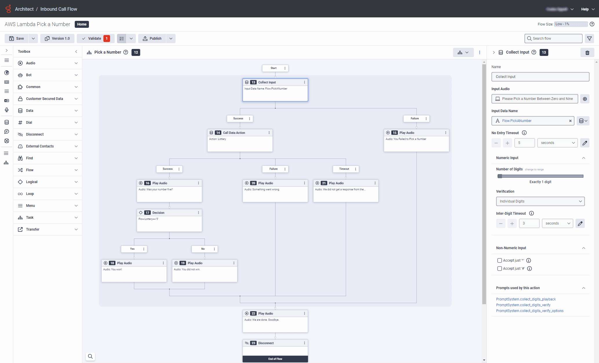 Click to enlarge. Example call flow for AWS Lambda data actions integration