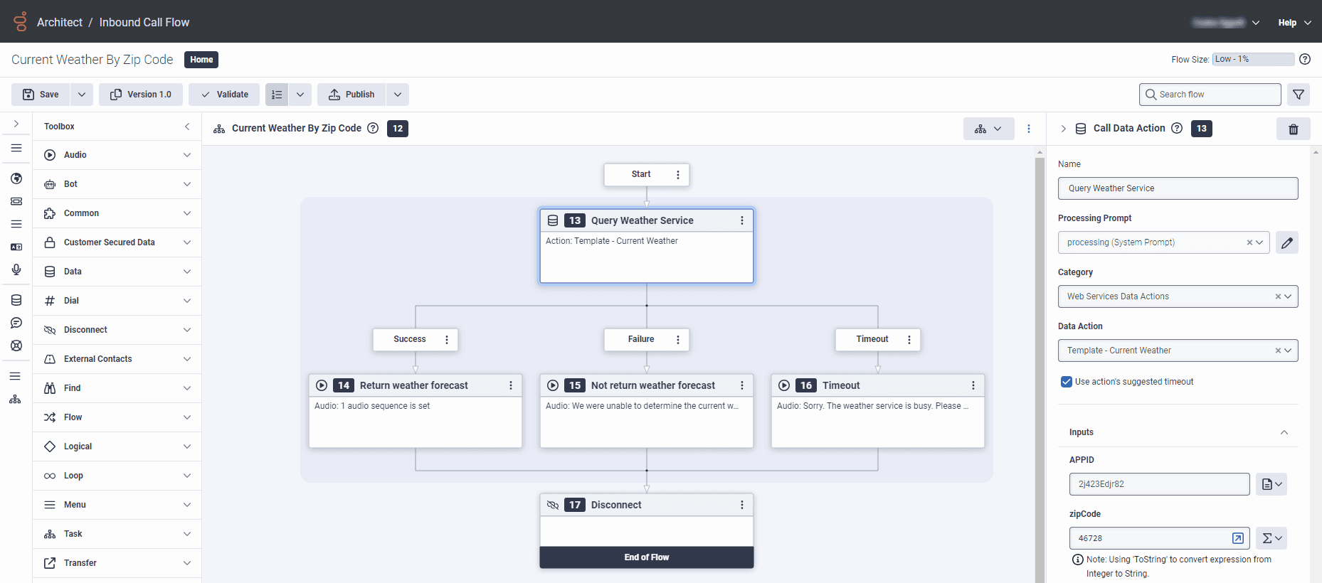 Click to enlarge. Example call flow for the web services data actions integration