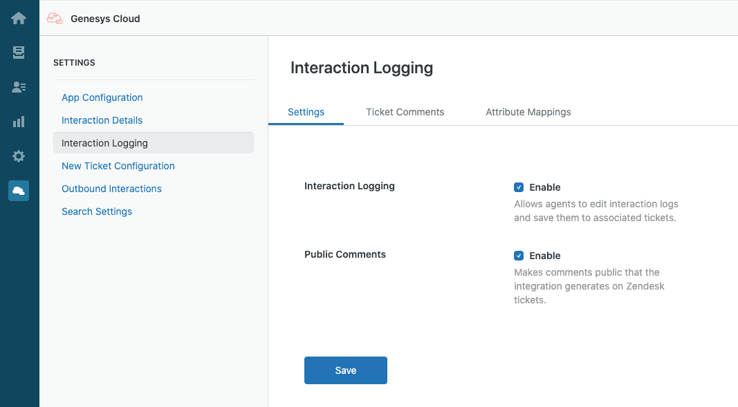 Click to enlarge. Settings for Interaction Logging in Genesys Cloud for Zendesk
