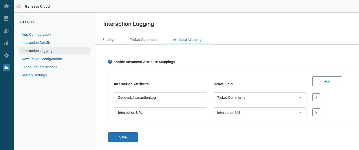 Click to enlarge. Attribute Mappings for Interaction Logging in Genesys Cloud for Zendesk