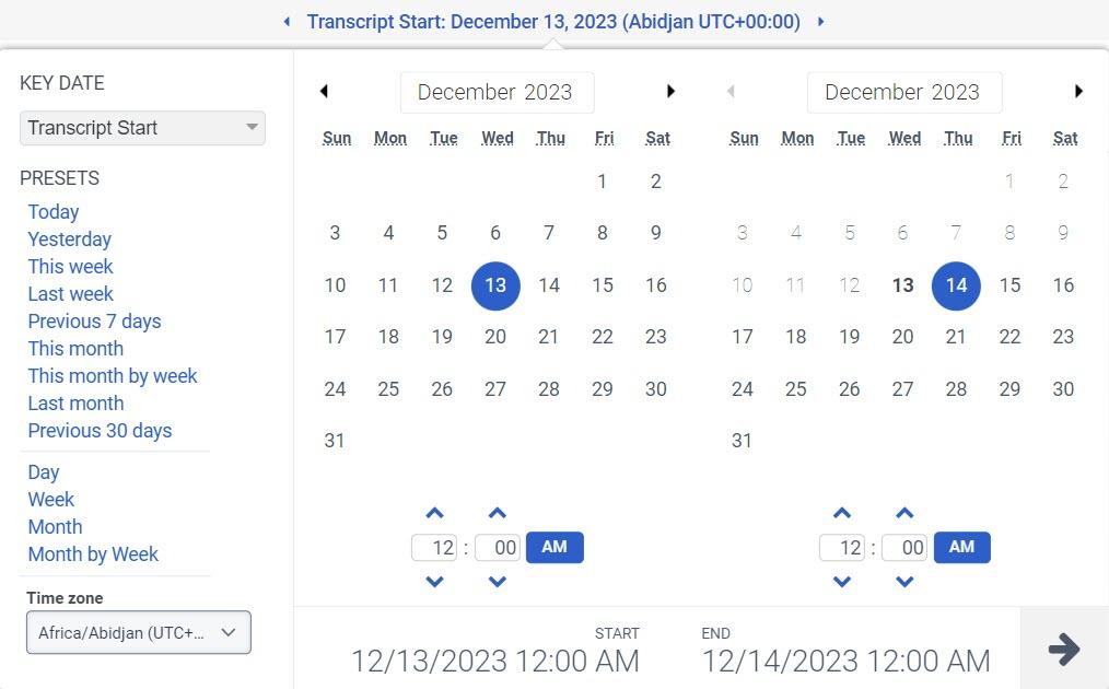 Click to enlarge. Date filter with Transcription key date