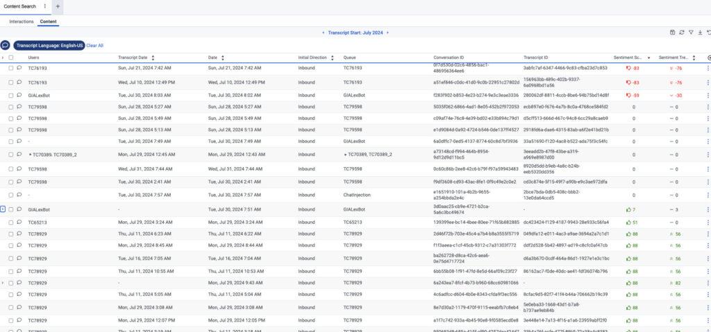 Click to enlarge. Content Search view with unique conversation ID in main row