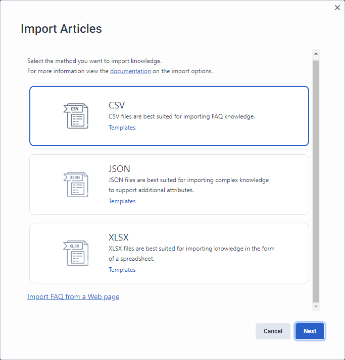 Click to enlarge. Import articles into a knowledge base