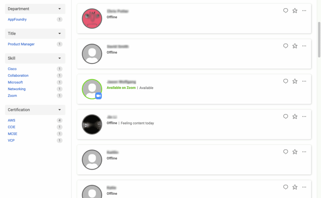 Click to enlarge. This image is a screenshot of the Genesys Cloud directory showing the user with zoom presence.
