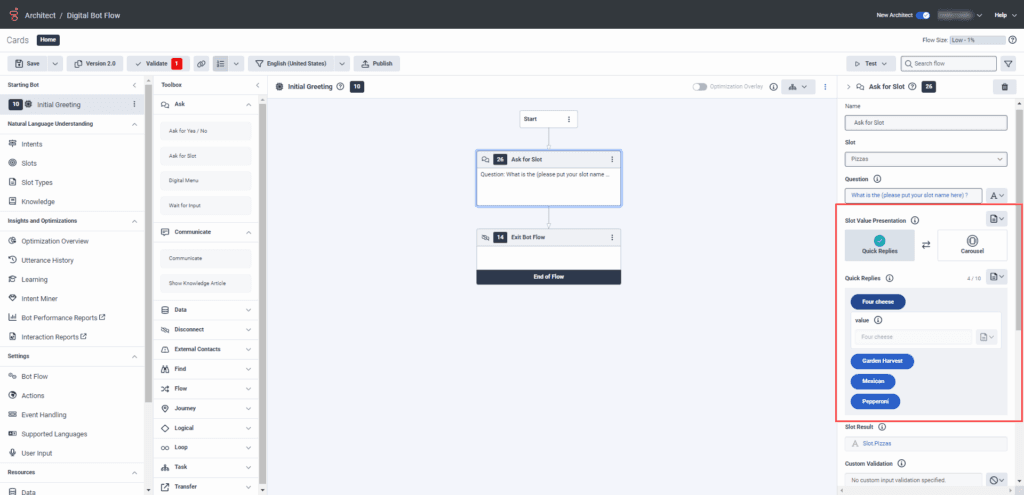Click to enlarge. Quick replies in an Ask for Slot action