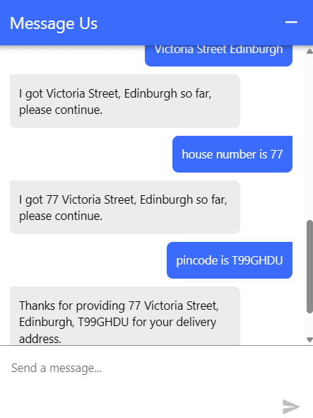 Click to enlarge. Stays in progress until both the house no and pin code are provided