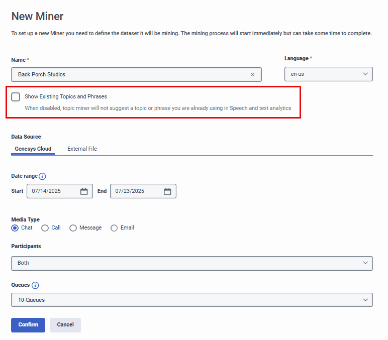 Click to enlarge. Show existing topics and phrases option