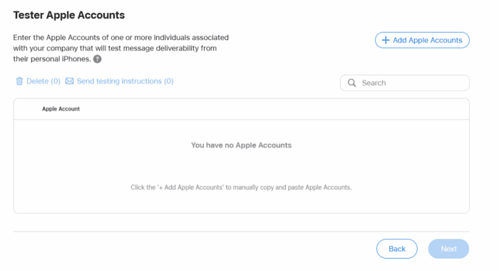 Click to enlarge. Displays the tester apple accounts page in which you can add new apple accounts